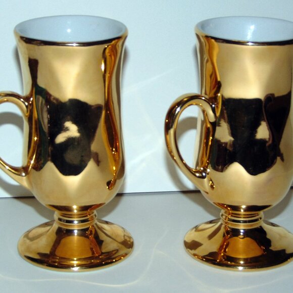Hall China Footed 22k Gold Irish Coffee Mug #1270 Made in USA Set of 2 Vintage - Picture 1 of 5